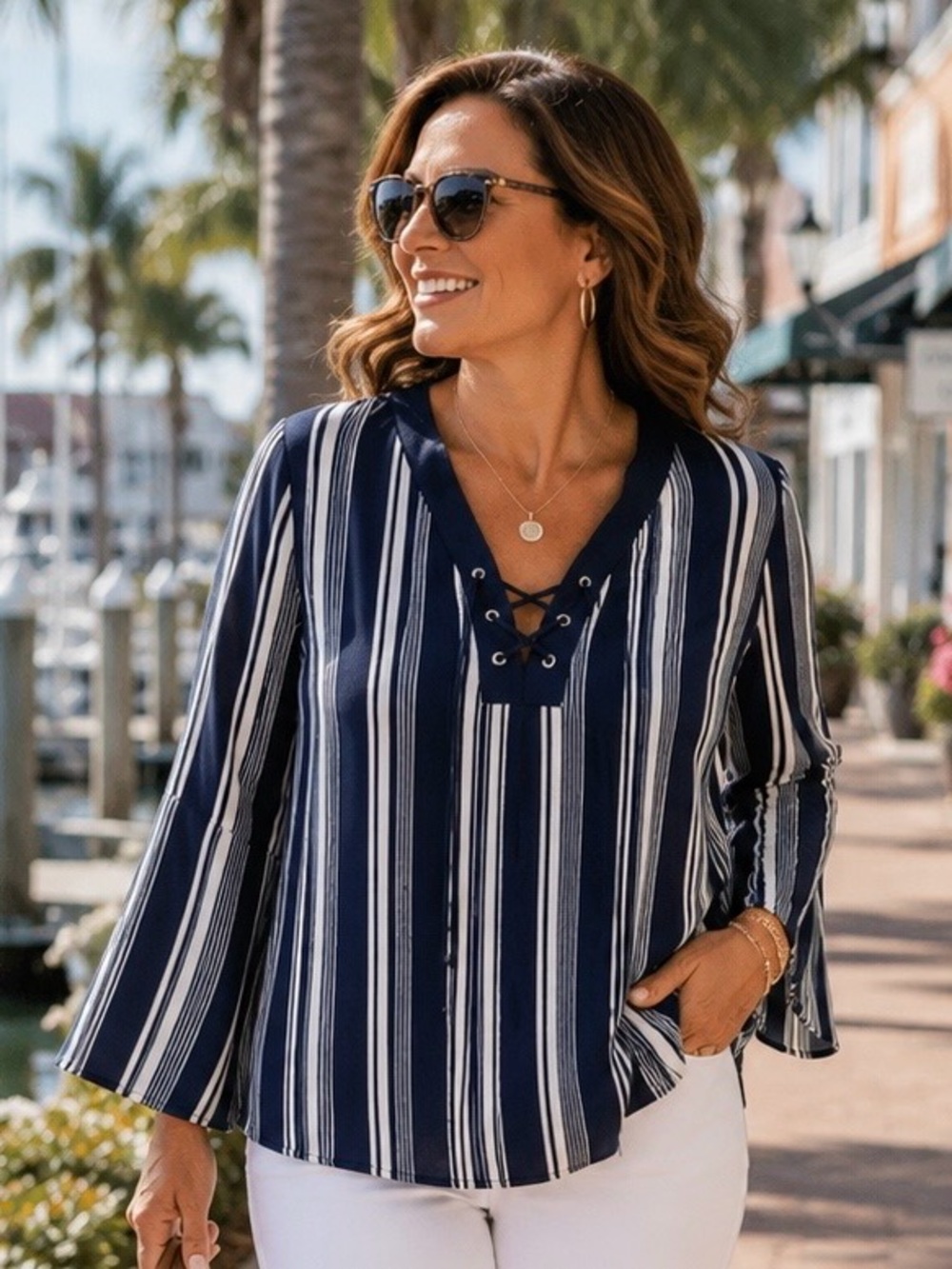 Karina & Chloe Womens XL Navy White Stripe Lace Up Peasant Boho Blouse Top